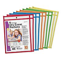 Charles Leonard - Reusable Clear Dry Erase Pockets, Holds Worksheets Up To 9 x 12 Inches, Assorted Colored Piping, 10-Pack of Pockets (29010)