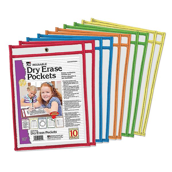 Charles Leonard - Reusable Clear Dry Erase Pockets, Holds Worksheets Up To 9 x 12 Inches, Assorted Colored Piping, 10-Pack of Pockets (29010)