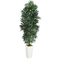 Nearly Natural 5ftH Bamboo Palm Artificial Plant With Planter, 60inH x 20inW x 20inD, White/Green