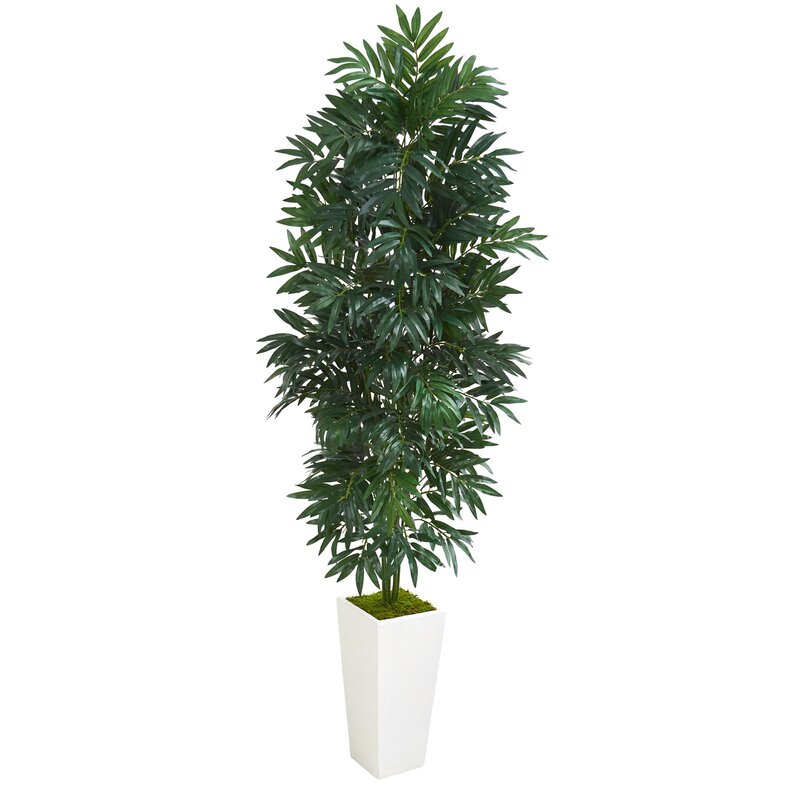 Nearly Natural 5ftH Bamboo Palm Artificial Plant With Planter, 60inH x 20inW x 20inD, White/Green