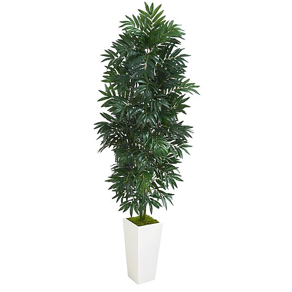 Nearly Natural 5ftH Bamboo Palm Artificial Plant With Planter, 60inH x 20inW x 20inD, White/Green