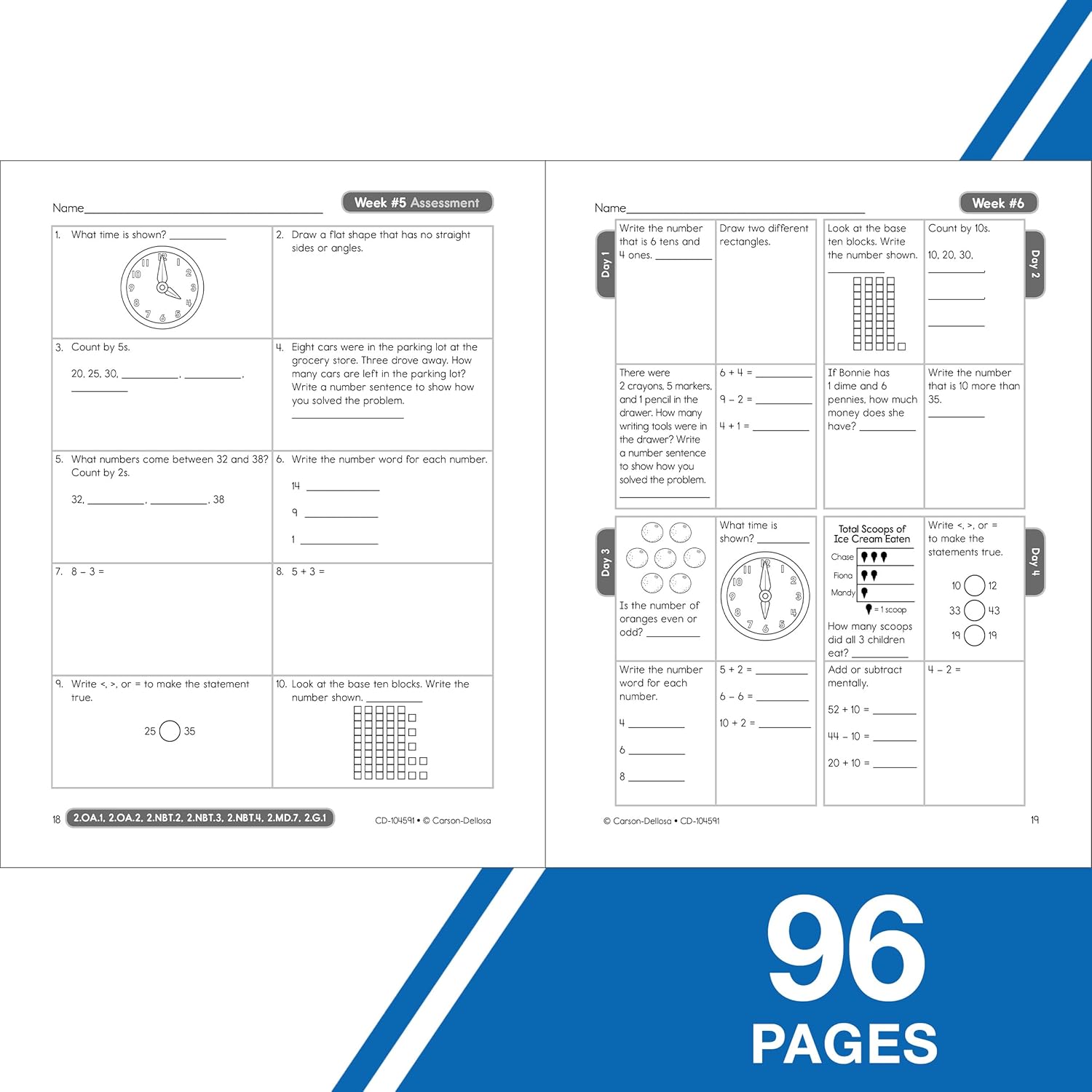 Carson Dellosa Common Core Math 4 Today Second Grade Workbook, Telling Time, Fractions, Addition, Subtraction