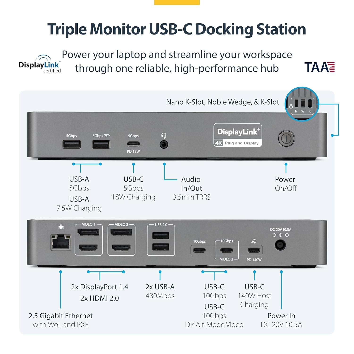 StarTech.com Triple Monitor USB-C Docking Station, 4K 60Hz DisplayLink Dock for MacBook M1 M2 M3 M4 & Windows, 2.5GbE
