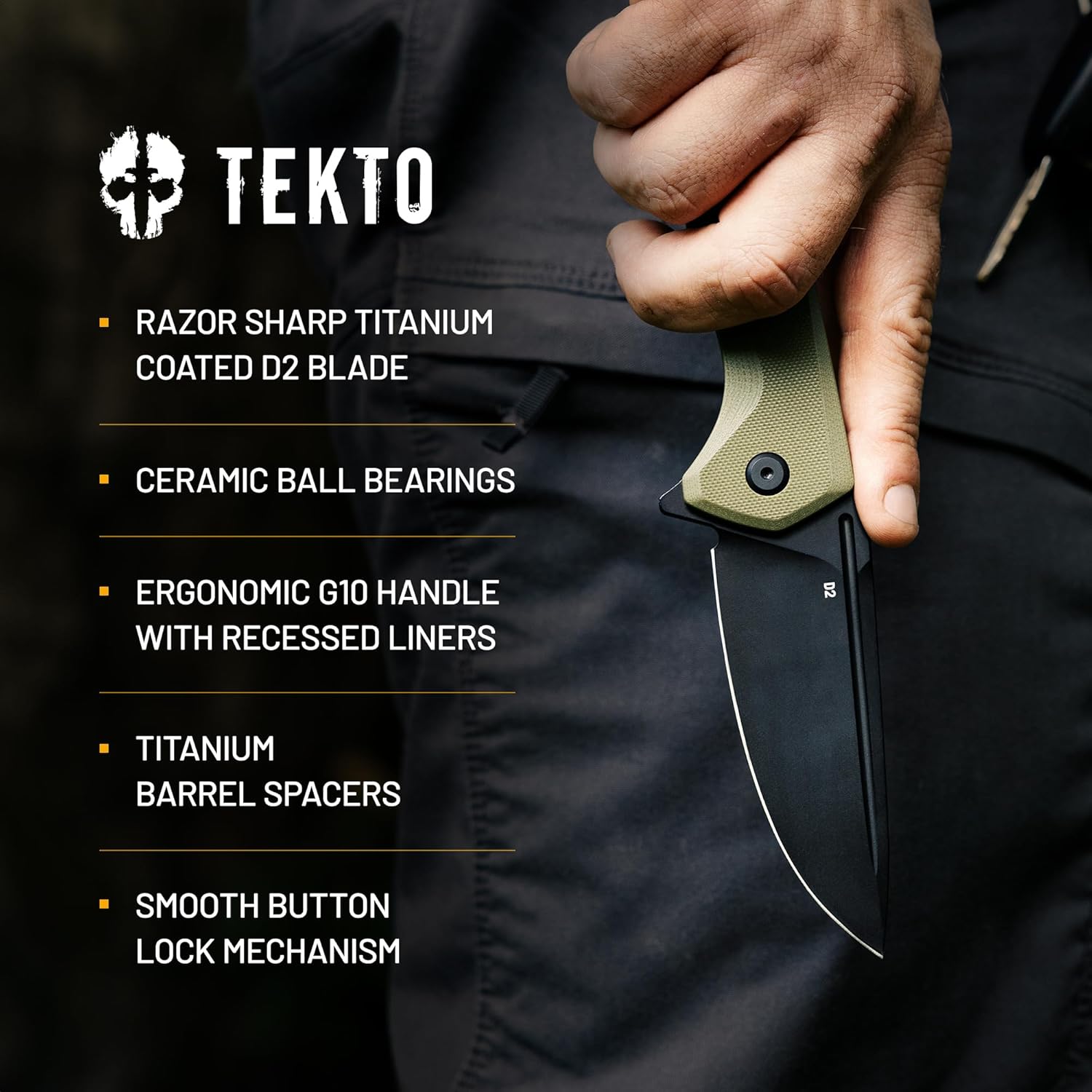 F3 Charlie Button Lock Folding Knife, Fine Edge Blade, Tactical OD Green G10 Handle