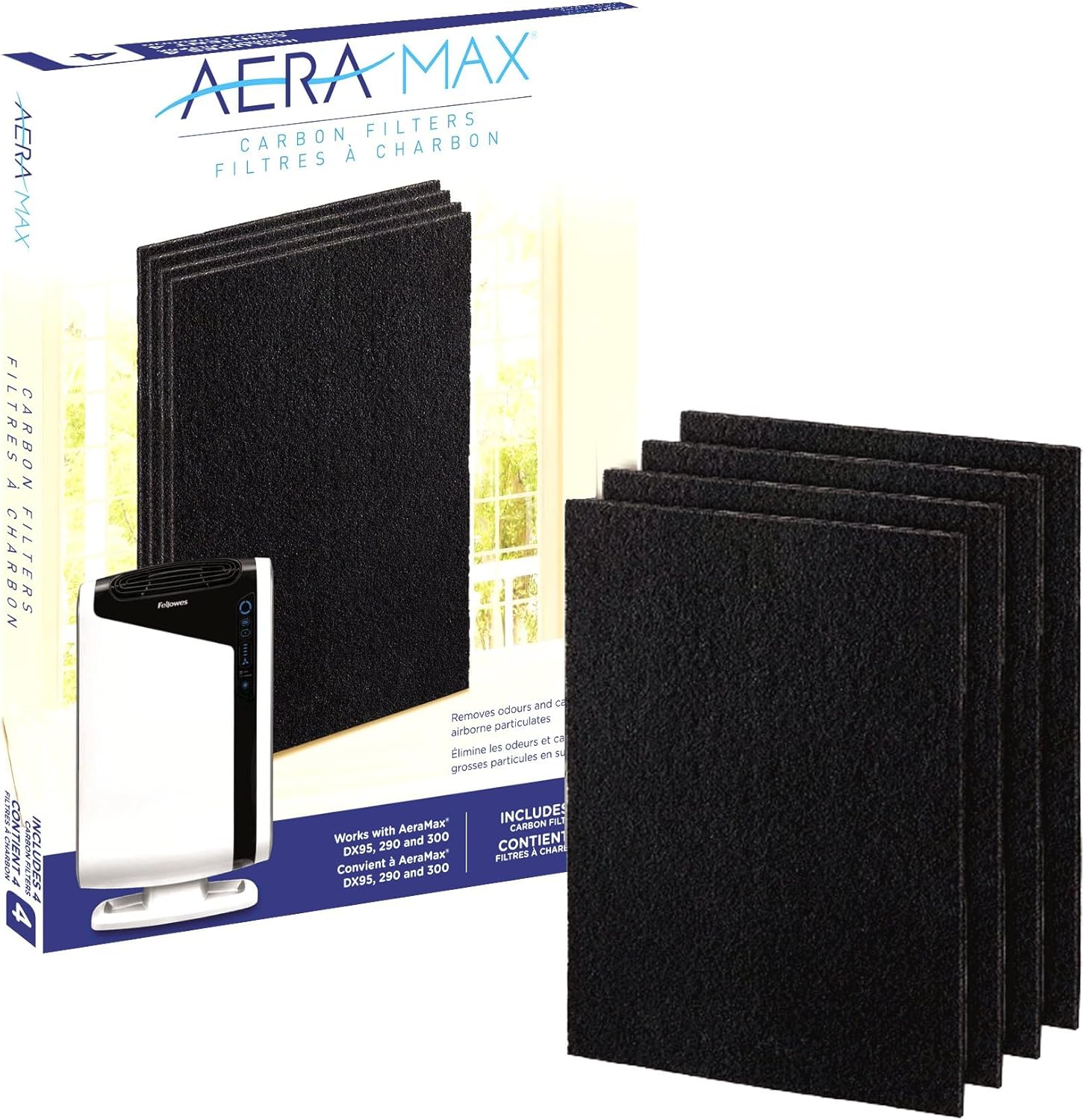 Fellowes Carbon Filters for AeraMax Air Purifiers - 4 Pack (9324201),Black, 16.1" x 12.4" x 0.2"