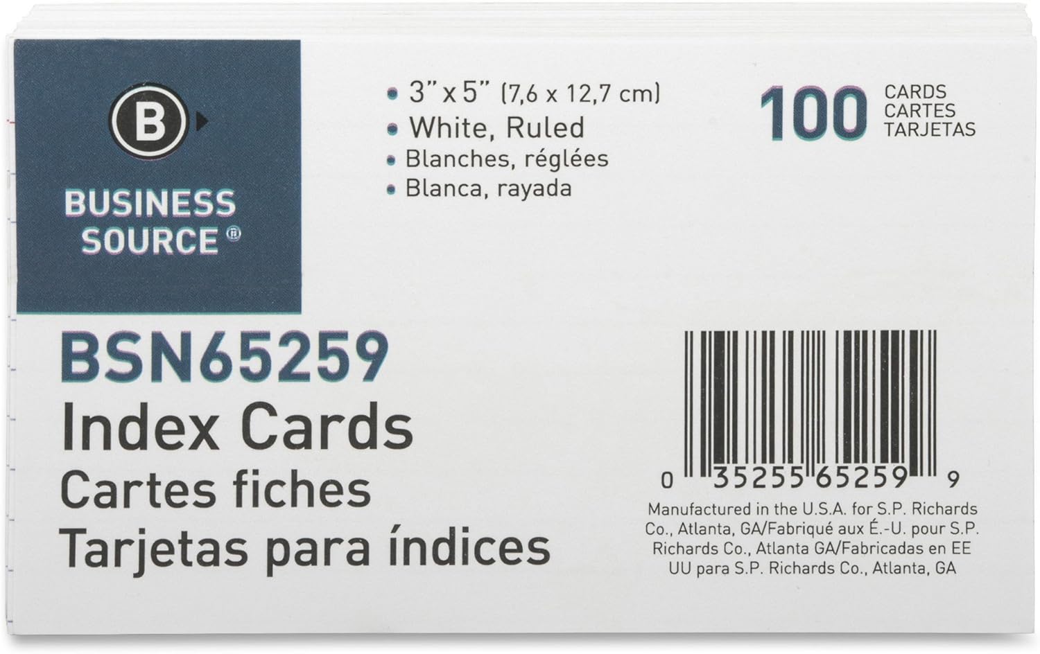 BUSINESS SOURCE Ruled Index Cards, 72 lb, 100/Pack, White