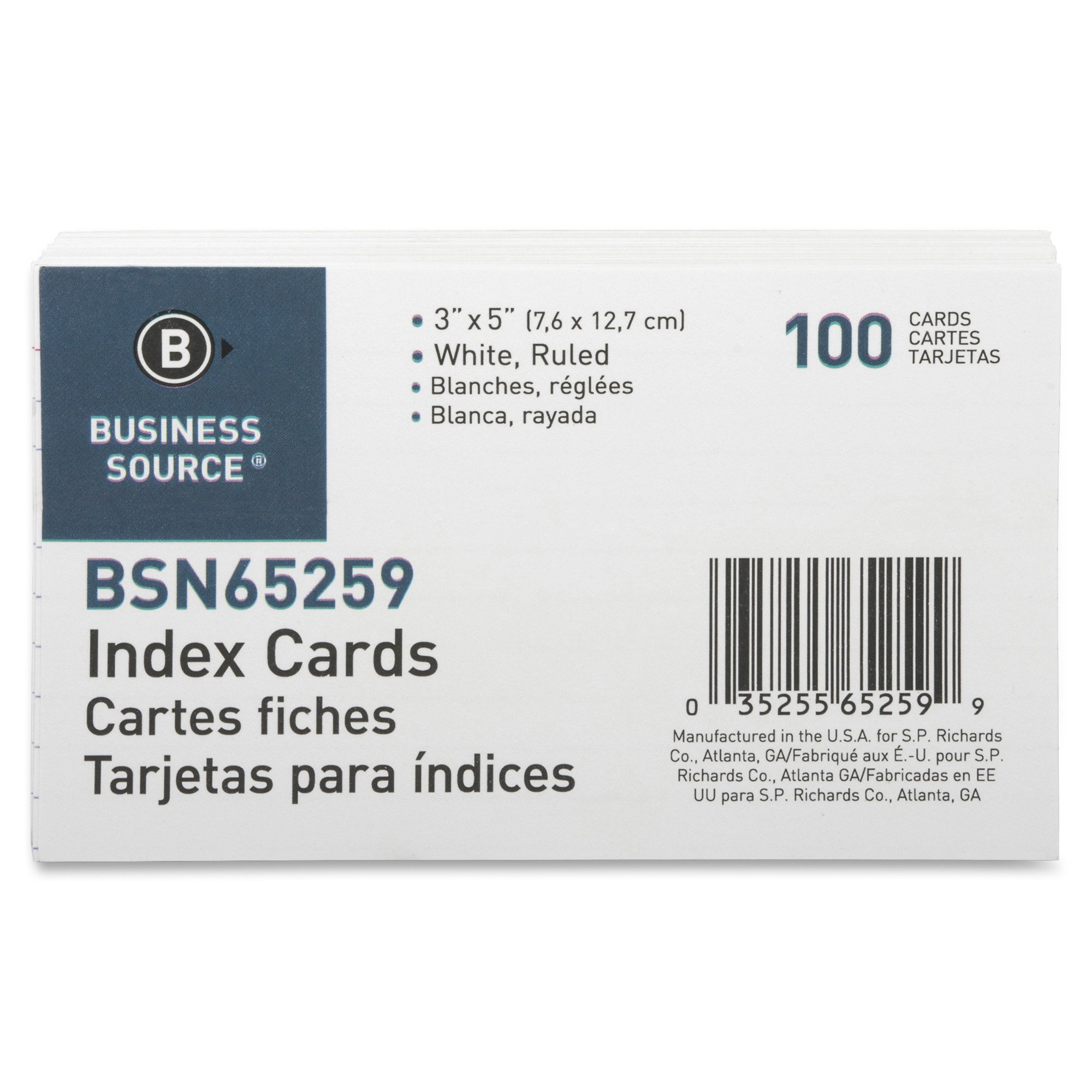 BUSINESS SOURCE Ruled Index Cards, 72 lb, 100/Pack, White