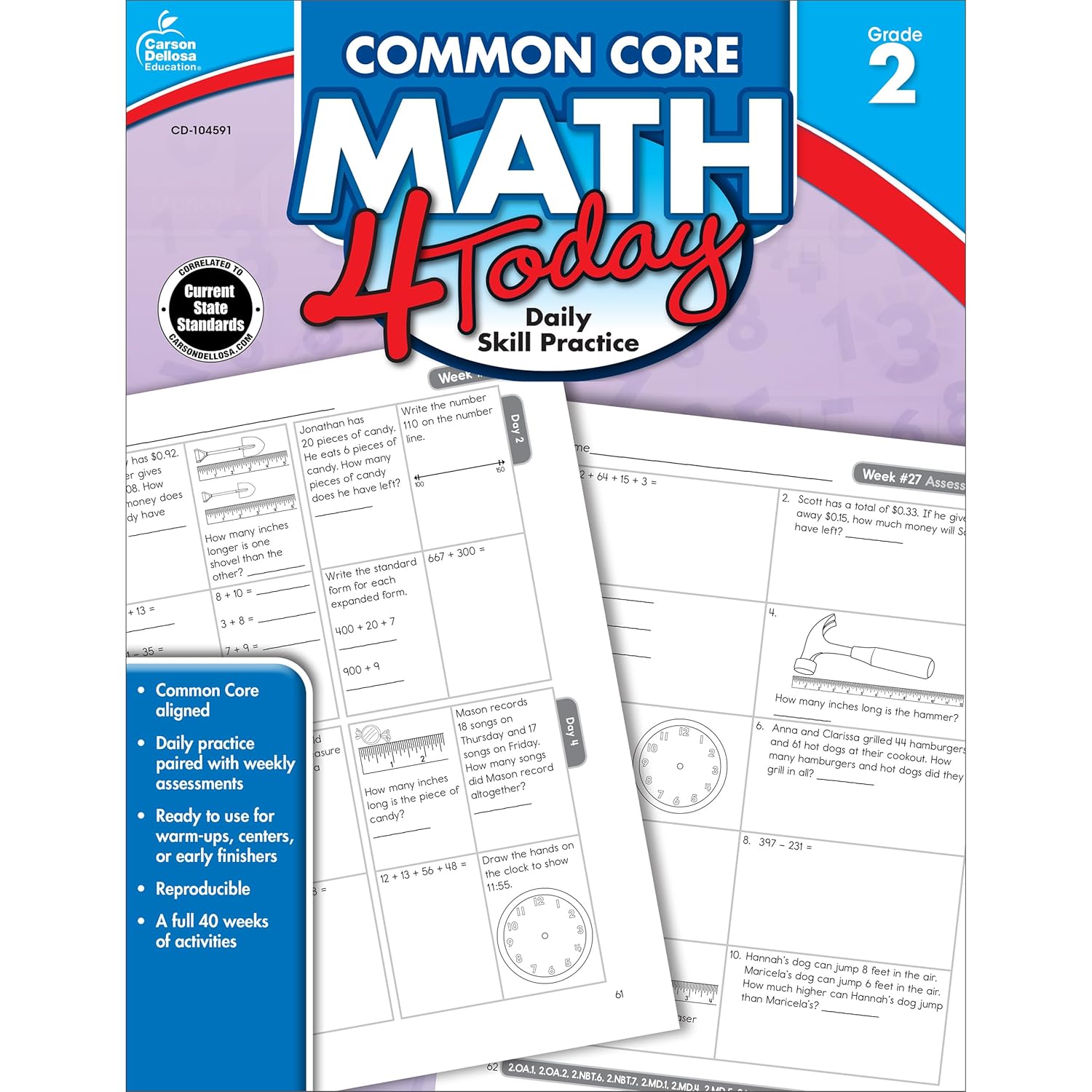 Carson Dellosa Common Core Math 4 Today Second Grade Workbook, Telling Time, Fractions, Addition, Subtraction