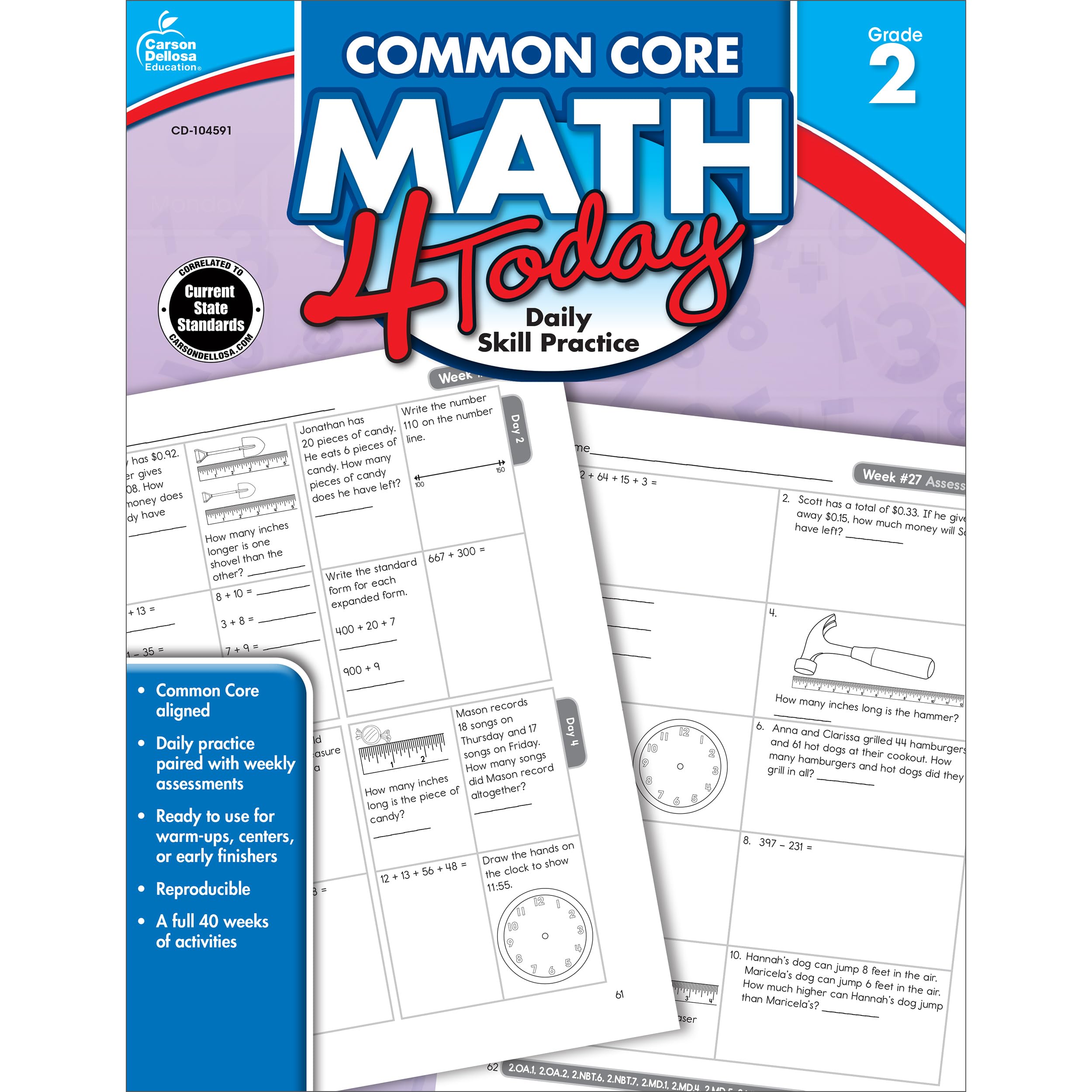 Carson Dellosa Common Core Math 4 Today Second Grade Workbook, Telling Time, Fractions, Addition, Subtraction
