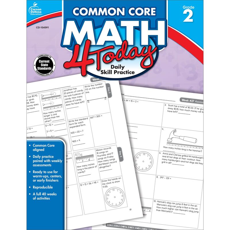 Carson Dellosa Common Core Math 4 Today Second Grade Workbook, Telling Time, Fractions, Addition, Subtraction, Number Patterns, and More, Mathematics ... Curriculum (Volume 5) (Common Core 4 Today)