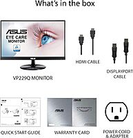 ASUS VP229Q 21.5” Monitor, 1080P Full HD, 75Hz, IPS, FreeSync/Adaptive-Sync, Eye Care, HDMI DisplayPort VGA, Frameless, VESA Wall Mountable BLACK 22" IPS 75Hz Framless w/DP