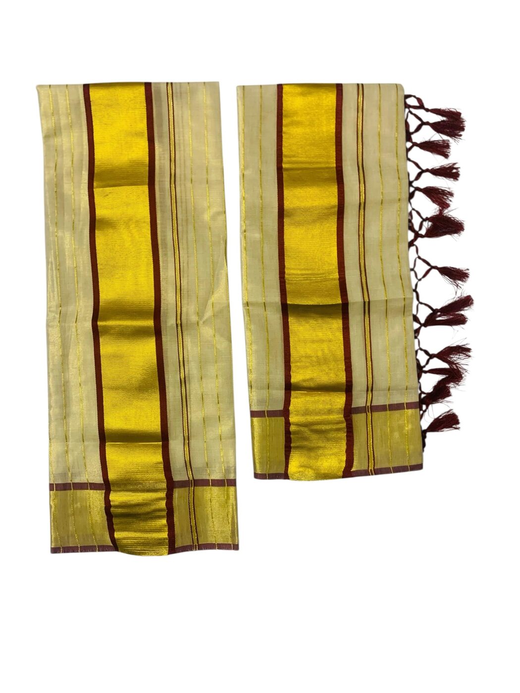 Women's Kuthampully Kerala Kasavu Set mundu Tissue Stripe with Kunjam | Kerala Tissue set mundu onam latest collections | Stripe Kasavu set mundu - Multi Color KTM-911 (Maroon)