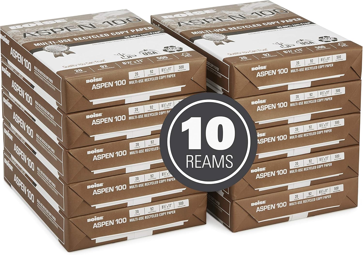 Boise Paper 100% Recycled Multi-Use Copy Paper, 8.5" x 11", 20 lb, 10 Ream Carton (5,000 Sheets)