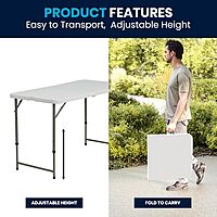 Flash Furniture 4' Rectangular Plastic Folding Event Table with Adjustable Legs and Carrying Handle, Bi-Fold Portable Banquet Table for Indoor/Outdoor Events, White