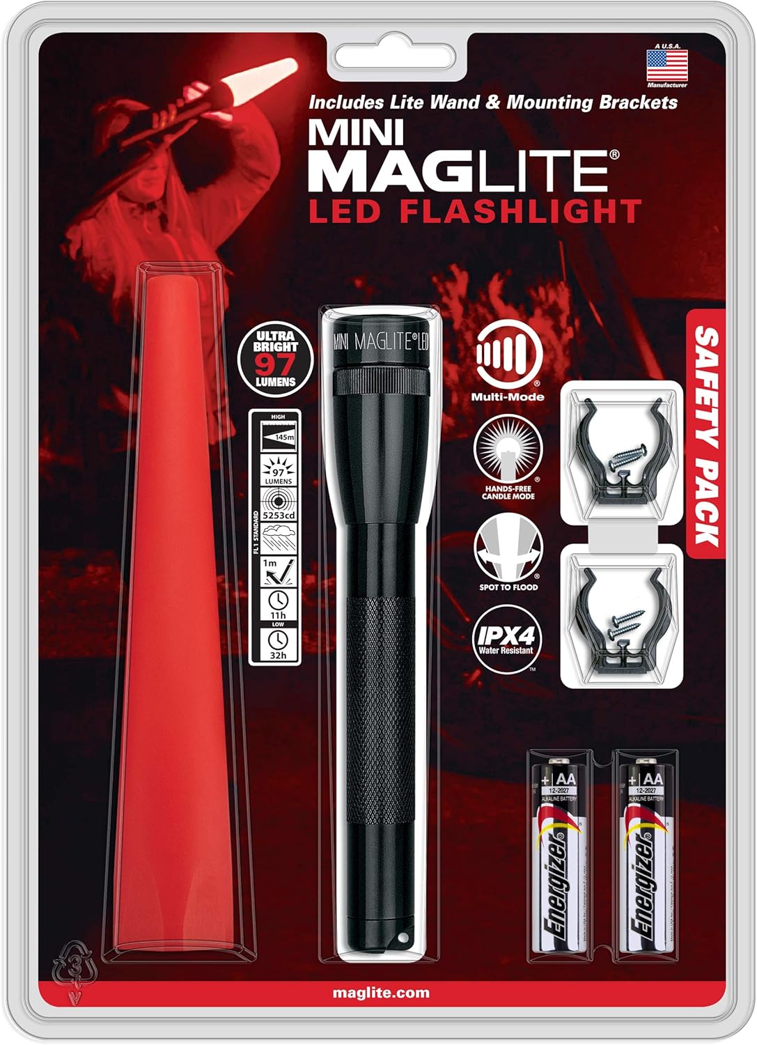 MAGLITE Safety Pack - MINI MAG 2-Cell AA LED Flashlight, Black, Compact, IP2201G – Wand, Red