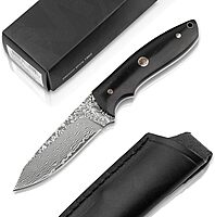 Böker MAGNUM® Vernery Damascus Knife - Hunting knife with leather sheath black - Fixed blade knife with Damascus steel Droppoint blade 67 layers - ebony wood handle