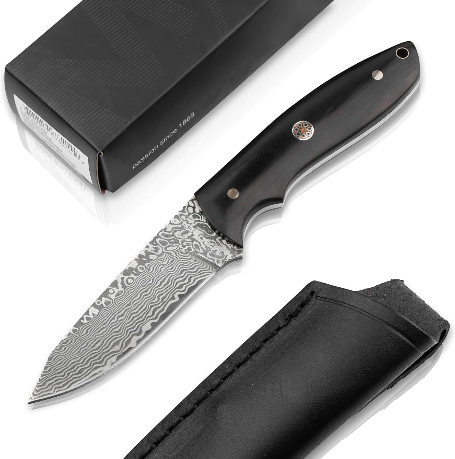 Böker MAGNUM® Vernery Damascus Knife - Hunting knife with leather sheath black