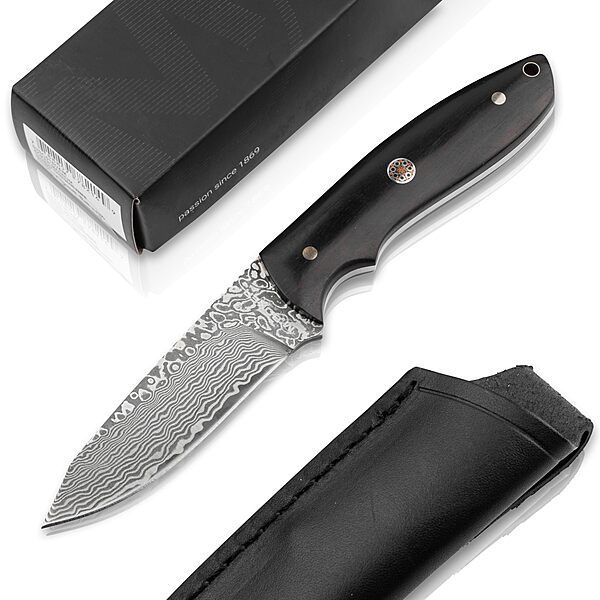 Böker MAGNUM® Vernery Damascus Knife - Hunting knife with leather sheath black - Fixed blade knife with Damascus steel Droppoint blade 67 layers - ebony wood handle