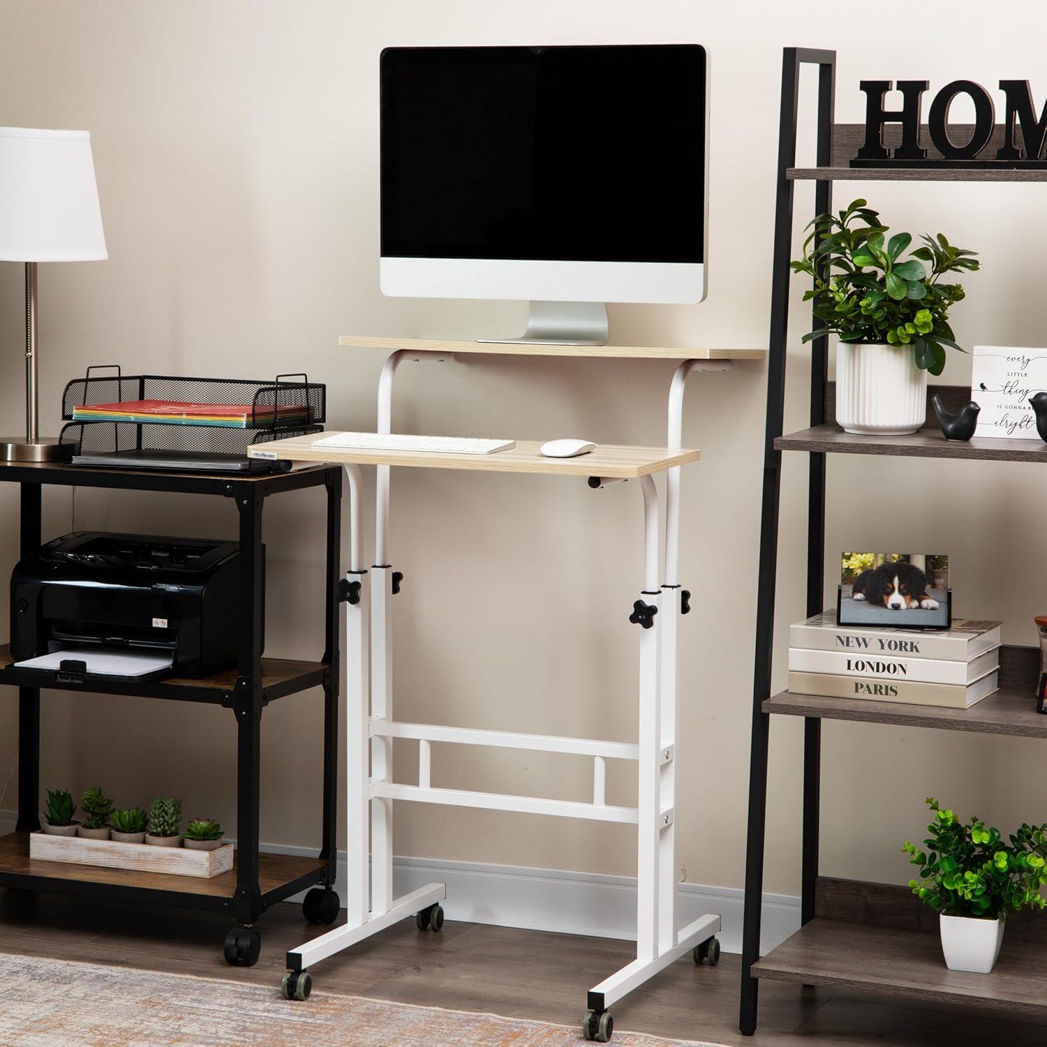 Mind Reader Standing Desk, Adjustable Height, Computer Desk, Laptop Desk, Portable, Rolling, 38"L x 21.25"W x 45.25"H, White