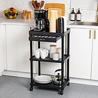 Mind Reader Bar Cart, Rolling, Utility Cart, 3-Tier, Coffee Cart, Bathroom, Kitchen, Plastic, 20"L x 15"W x 34.5"H, Black