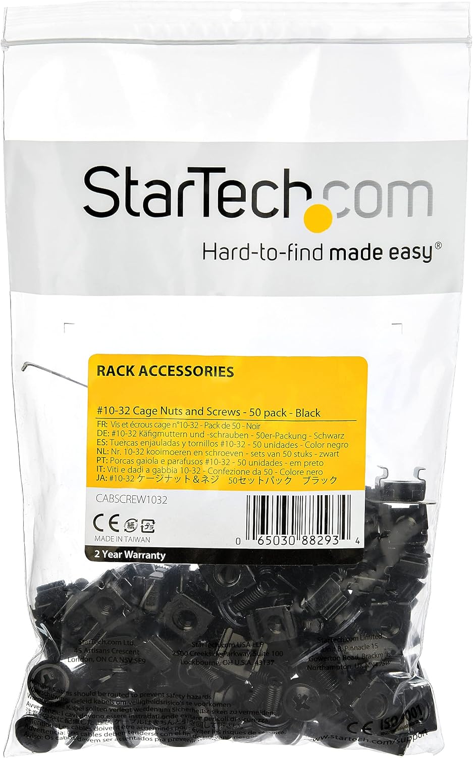 StarTech.com 50 Pack 10-32 Server Rack Cage Nuts and Screws withWashers - Rack Mount Hardware Kit
