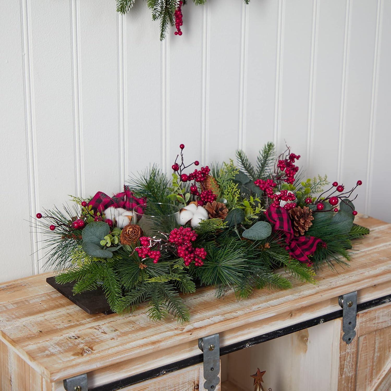 Nearly Natural 24in. Holiday Berries, Pinecones and Eucalyptus Christmas Artificial Arrangement Cutting Board Wall Décor