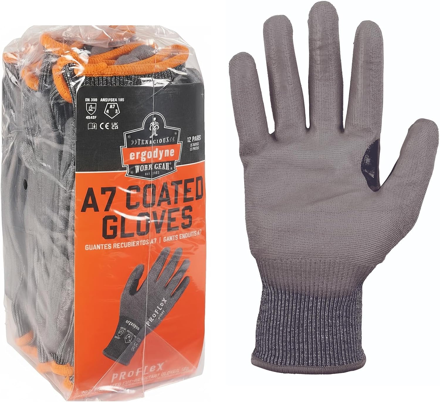 Ergodyne ProFlex 7071 Cut Resistant Work Gloves, ANSI A7, PU Coated Palms for Flexible No Slip Grip