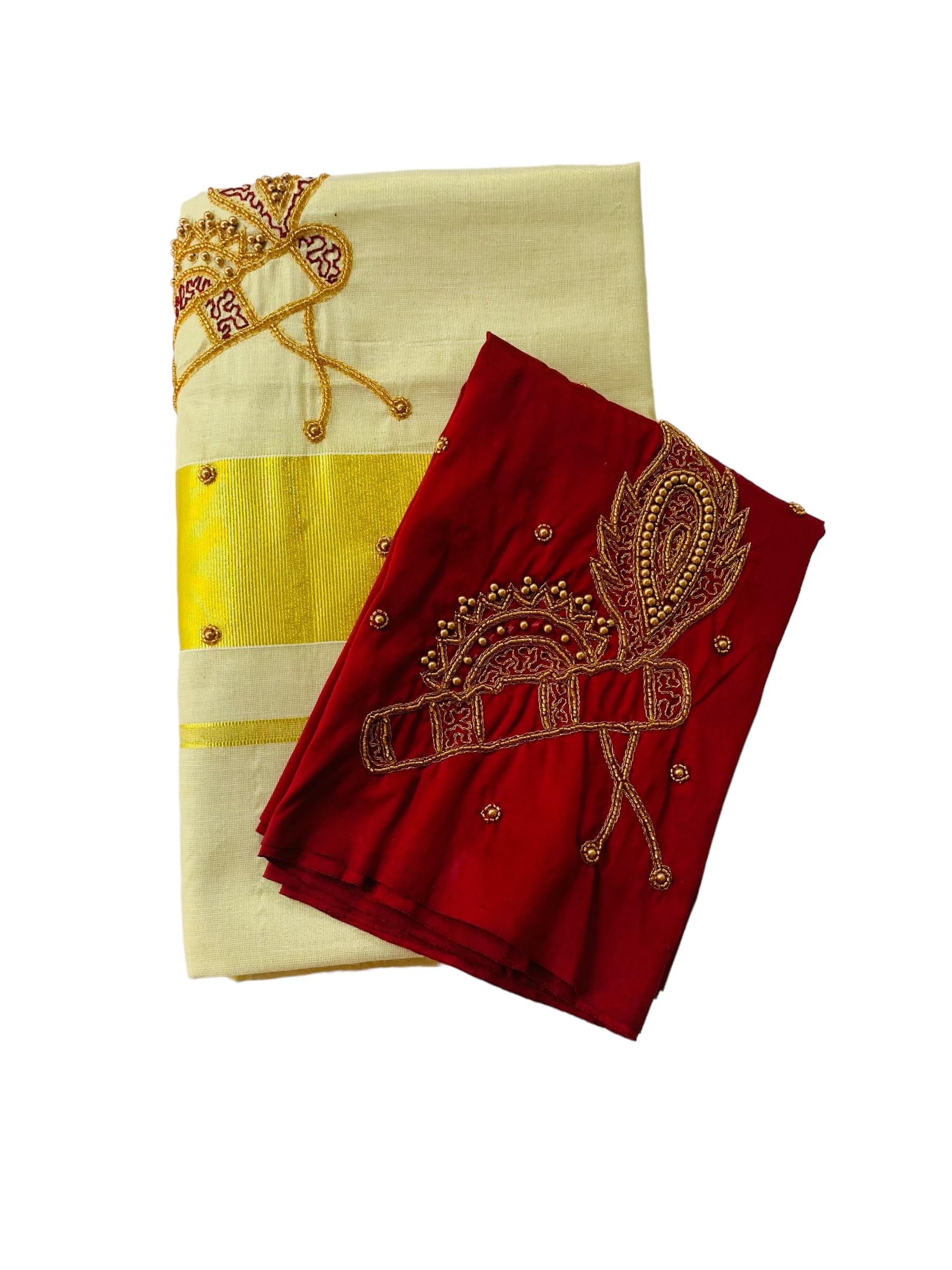 Kuthampully Kerala Kasavu Sarees For Women | Handcrafted Aari work Kerala Sarees | Tissue Onam Saree With Running Blouse | South Indian Sarees | Onam Saree EKM-784 (Maroon)