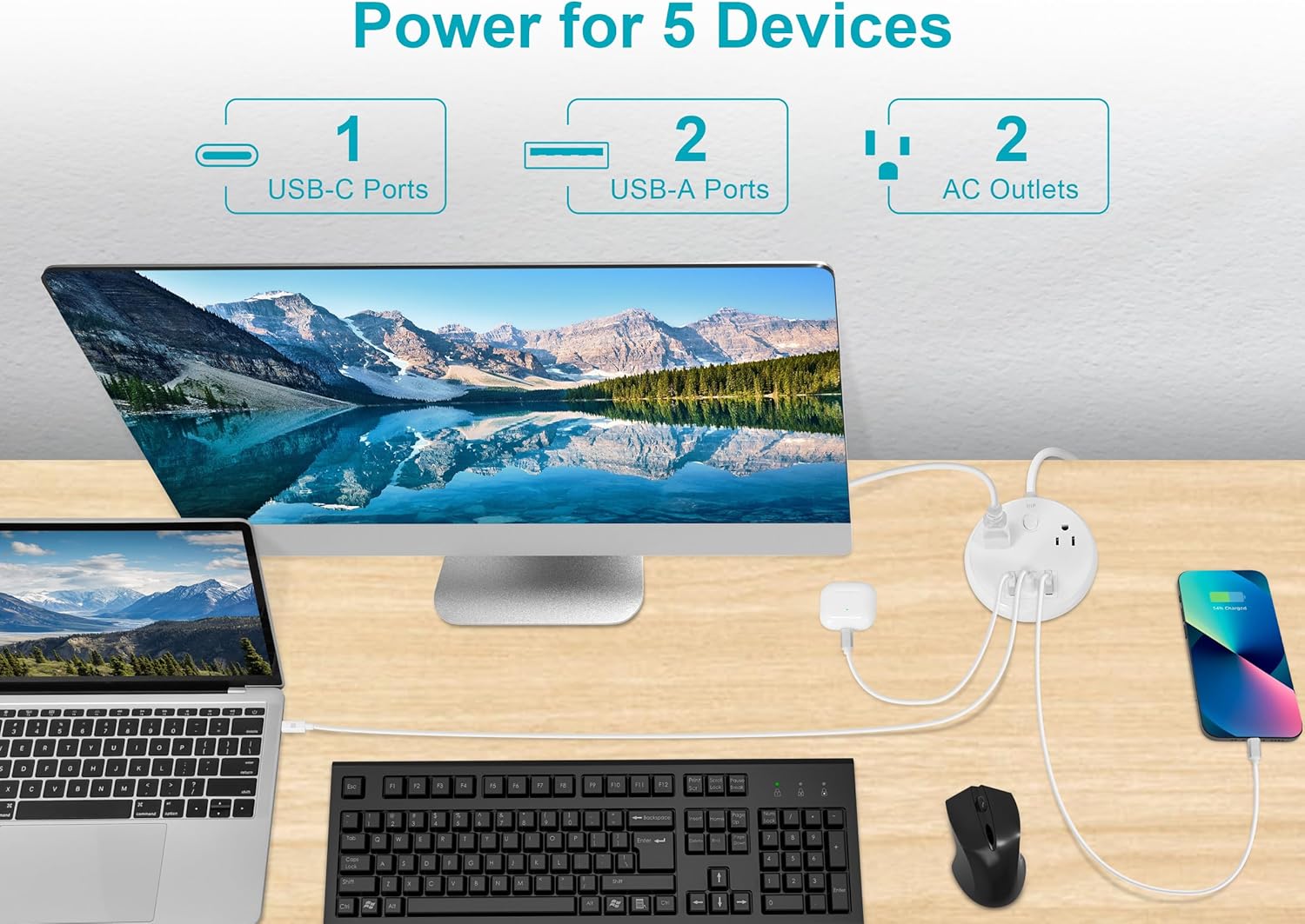 Monoprice USB-C Power Strip, 2 Outlets and 57W 3 USB with 5-Foot Extension Cord, Compact Travel Size, for MacBook Pro