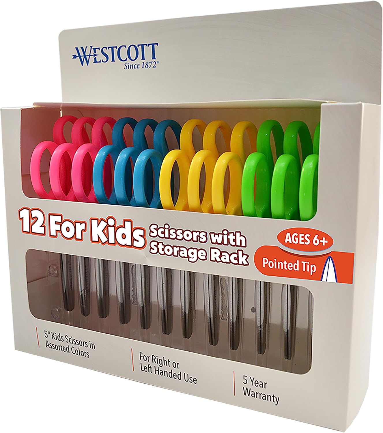 WESTCOTT 5-inch Pointed Kids Scissors, Molded Ambidextrous Handles, Stainless Steel