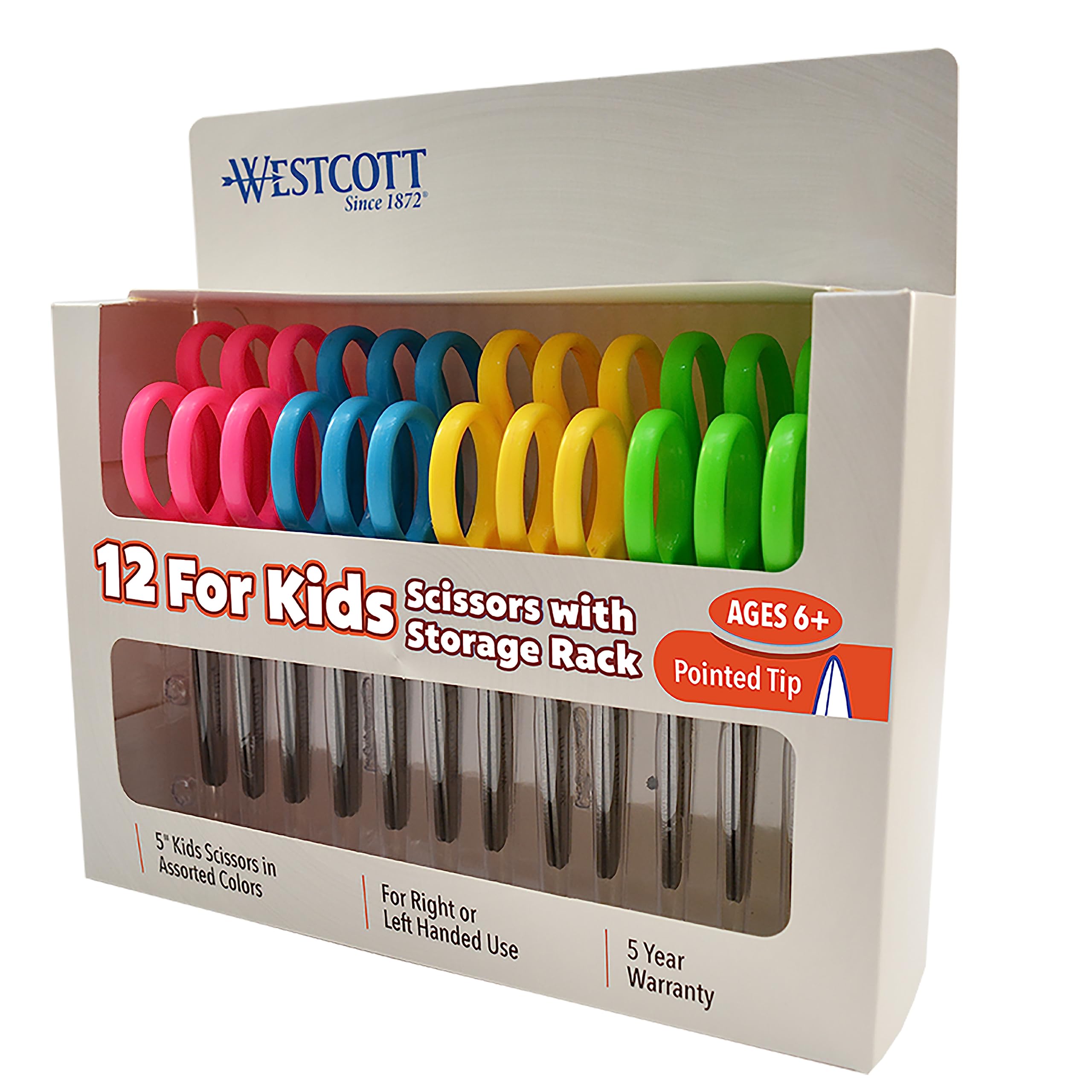 WESTCOTT 5-inch Pointed Kids Scissors, Molded Ambidextrous Handles, Stainless Steel