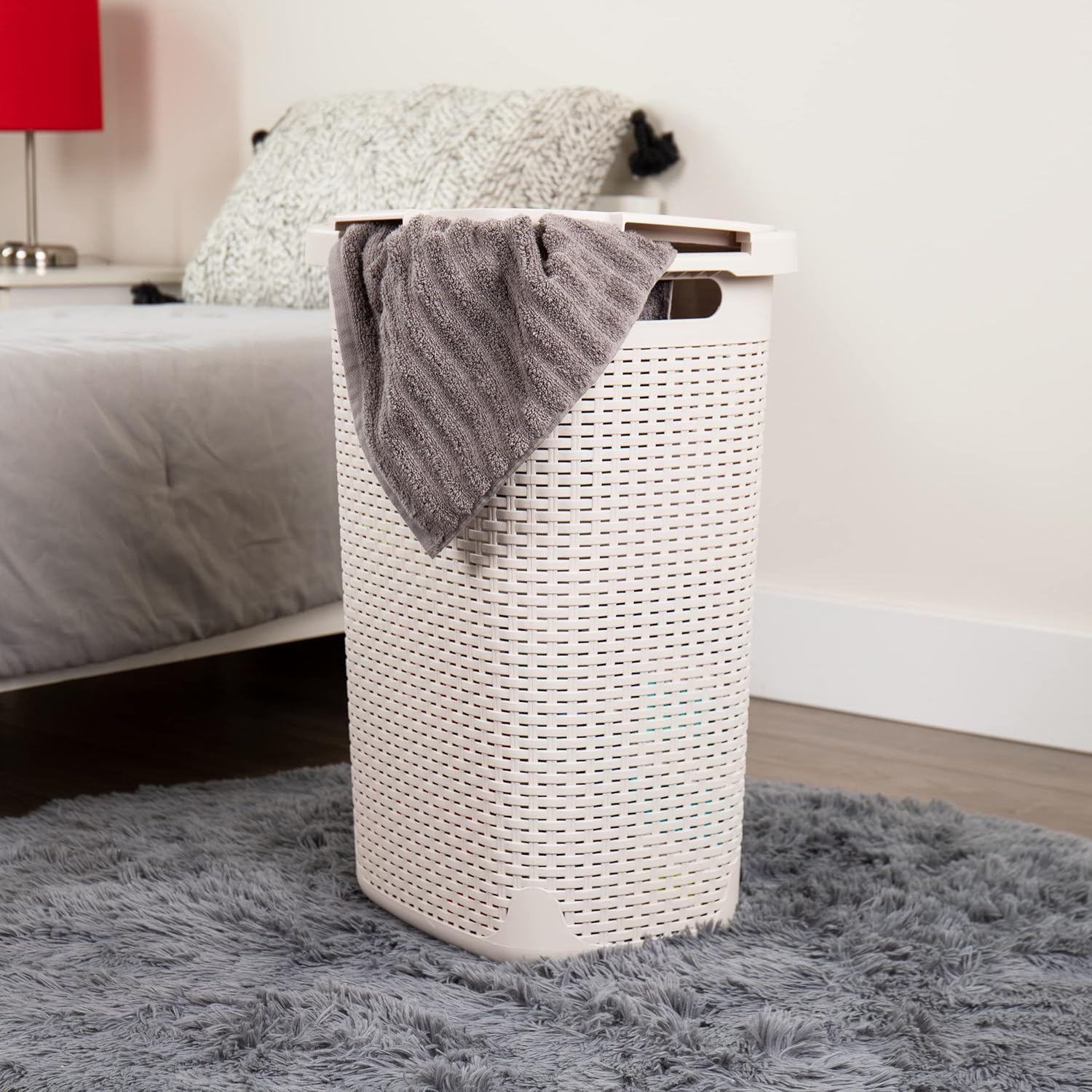 MIND READER Slim Laundry Hamper with Lid, 60L Wicker-Style Plastic