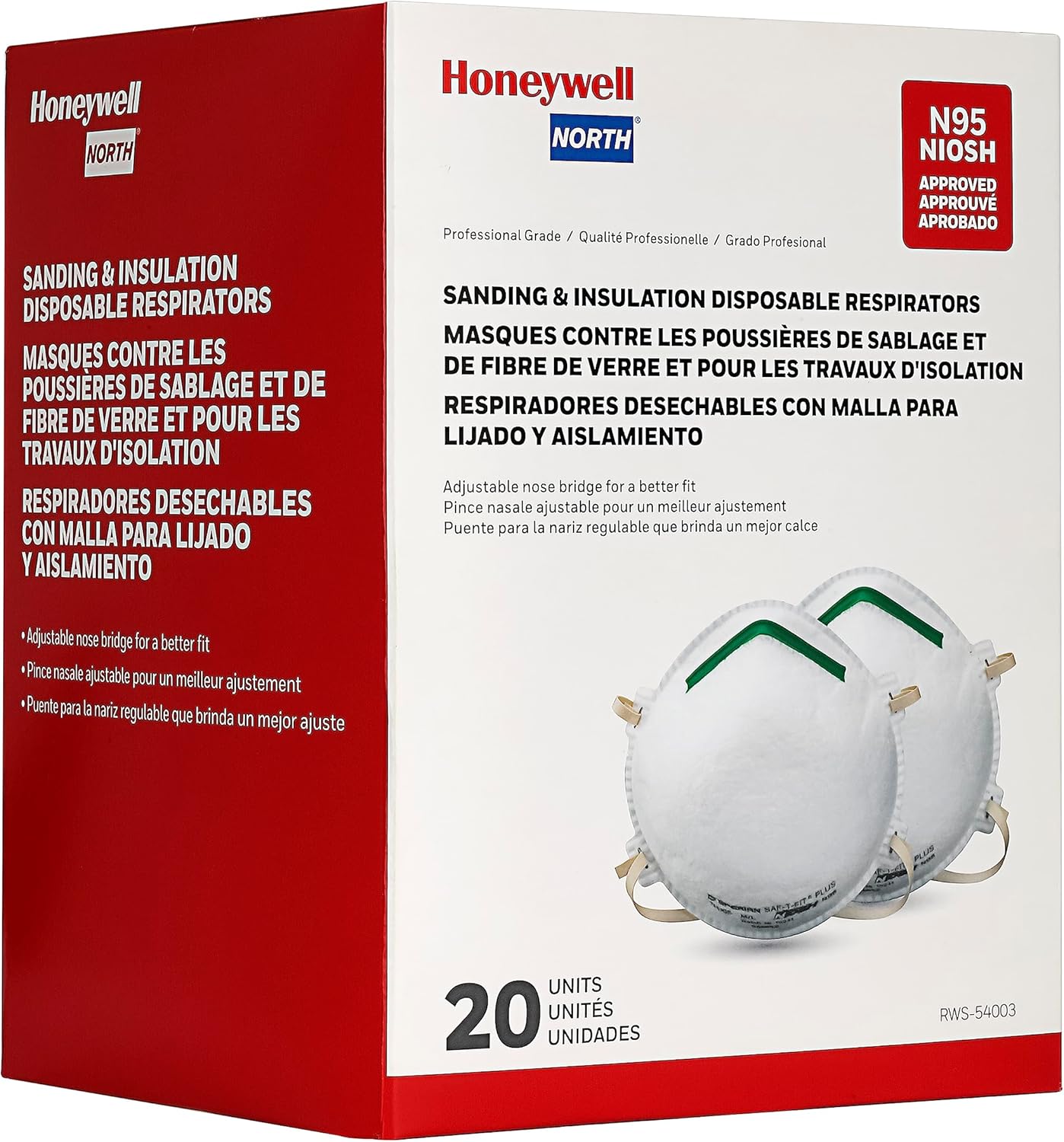 Honeywell NIOSH-Approved N95 Respirator Mask for Airborne Particulates, 20-Pack (RWS-54003)