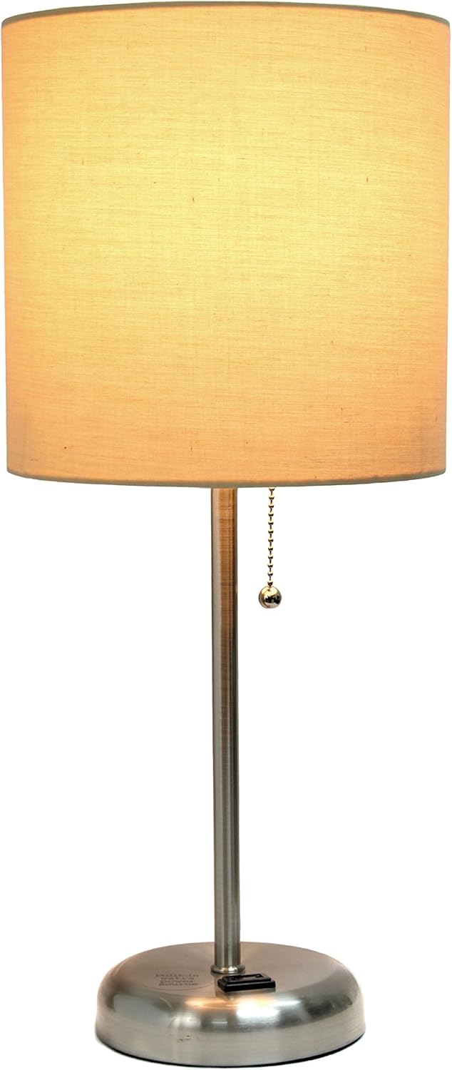 SIMPLE DESIGNS LT2024 Brushed Steel Stick Table Desk Lamp with Charging Outlet and Drum Fabric Shade