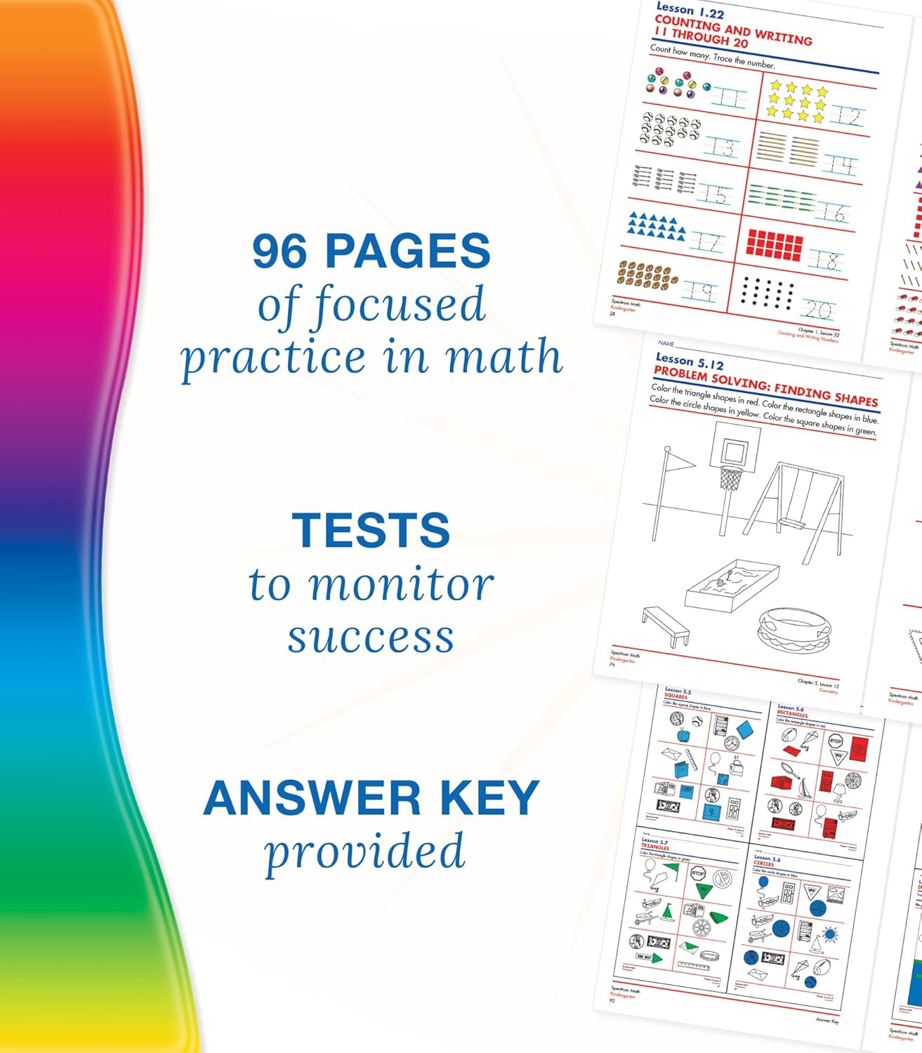 Spectrum Kindergarten Math Workbooks, Ages 5 to 6, Counting Numbers, Addition and Subtraction, Geometry and Place Value