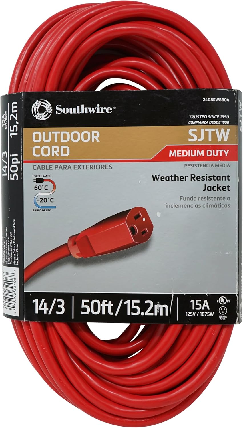 Southwire Heavy Duty Extension Cord - All-Purpose Heavy Duty Outdoor Power Cable - Lighted End for Safety