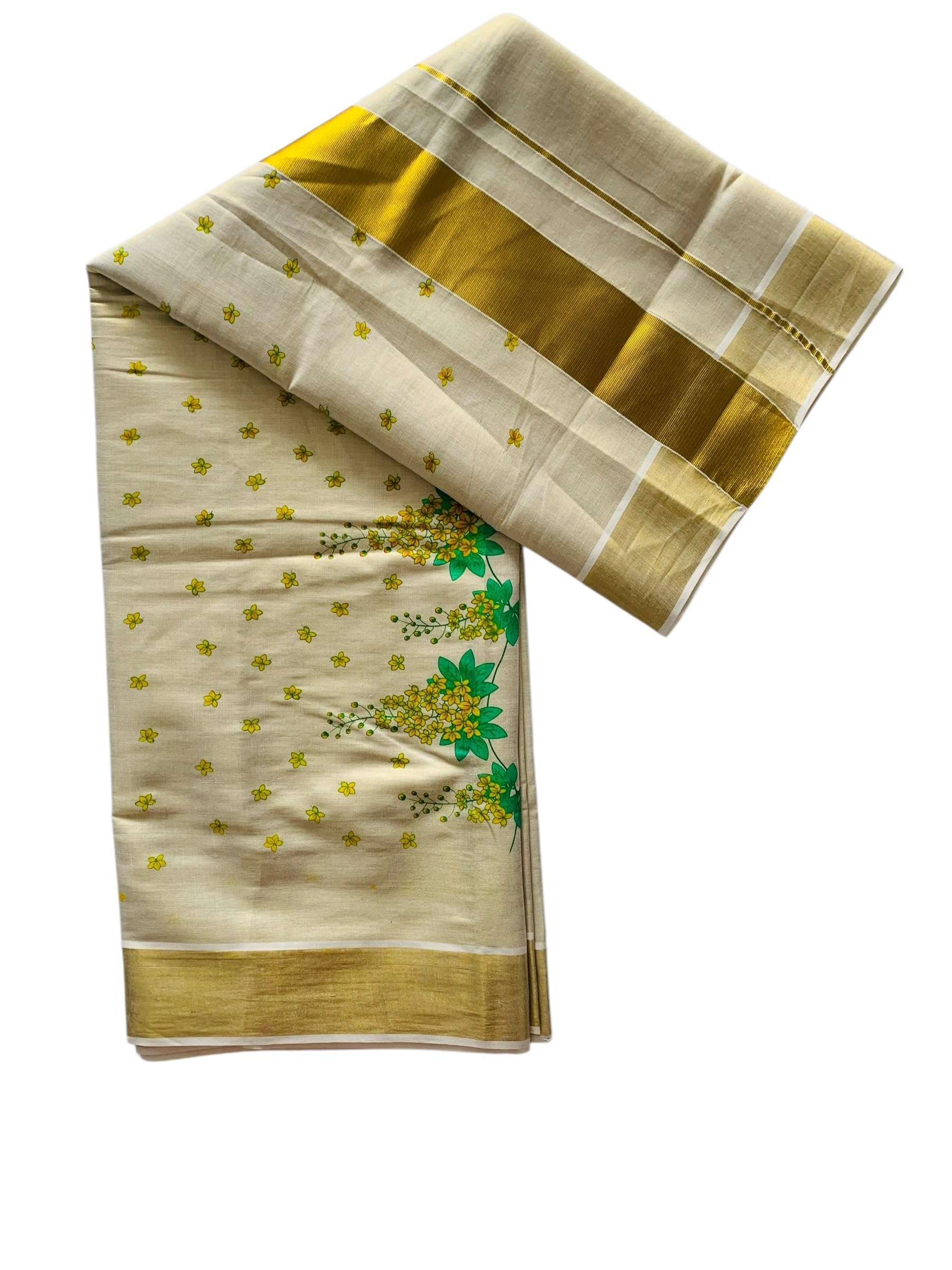 Women's Kuthampully Kerala Kasavu Saree with Running Blouse Tissue Mural hand Printed Vishu Kanikonna EKM-868