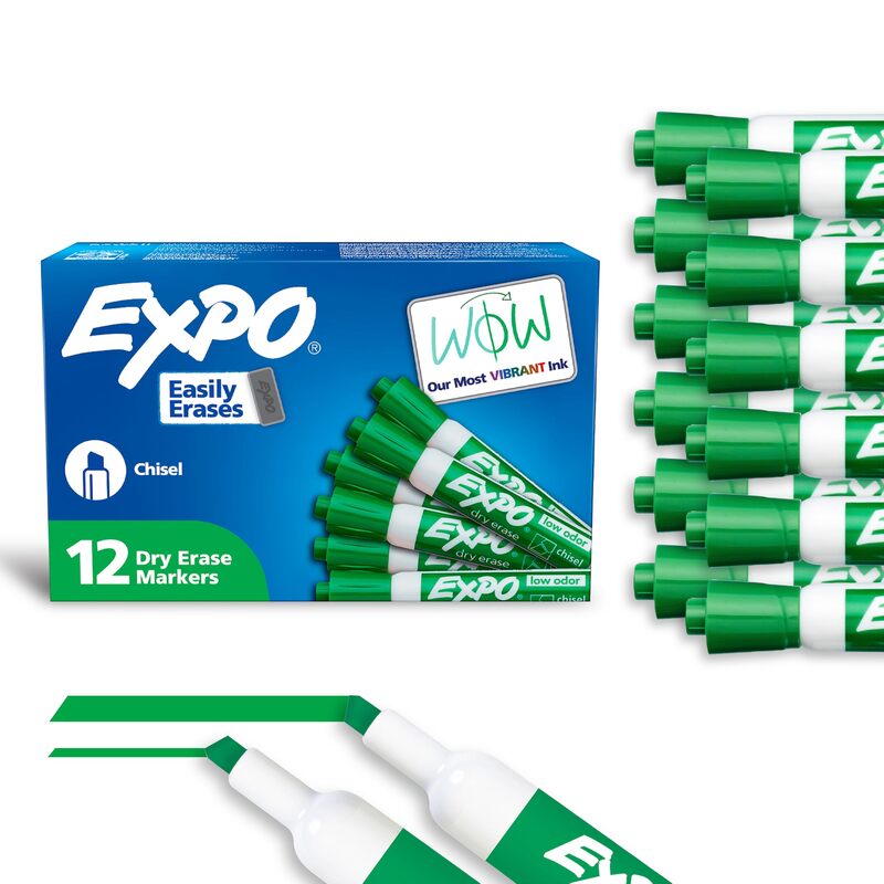 EXPO Dry Erase Markers, Low Odor Ink, Green, Chisel Tip, 12 Count - Whiteboard, Calendar, Organization
