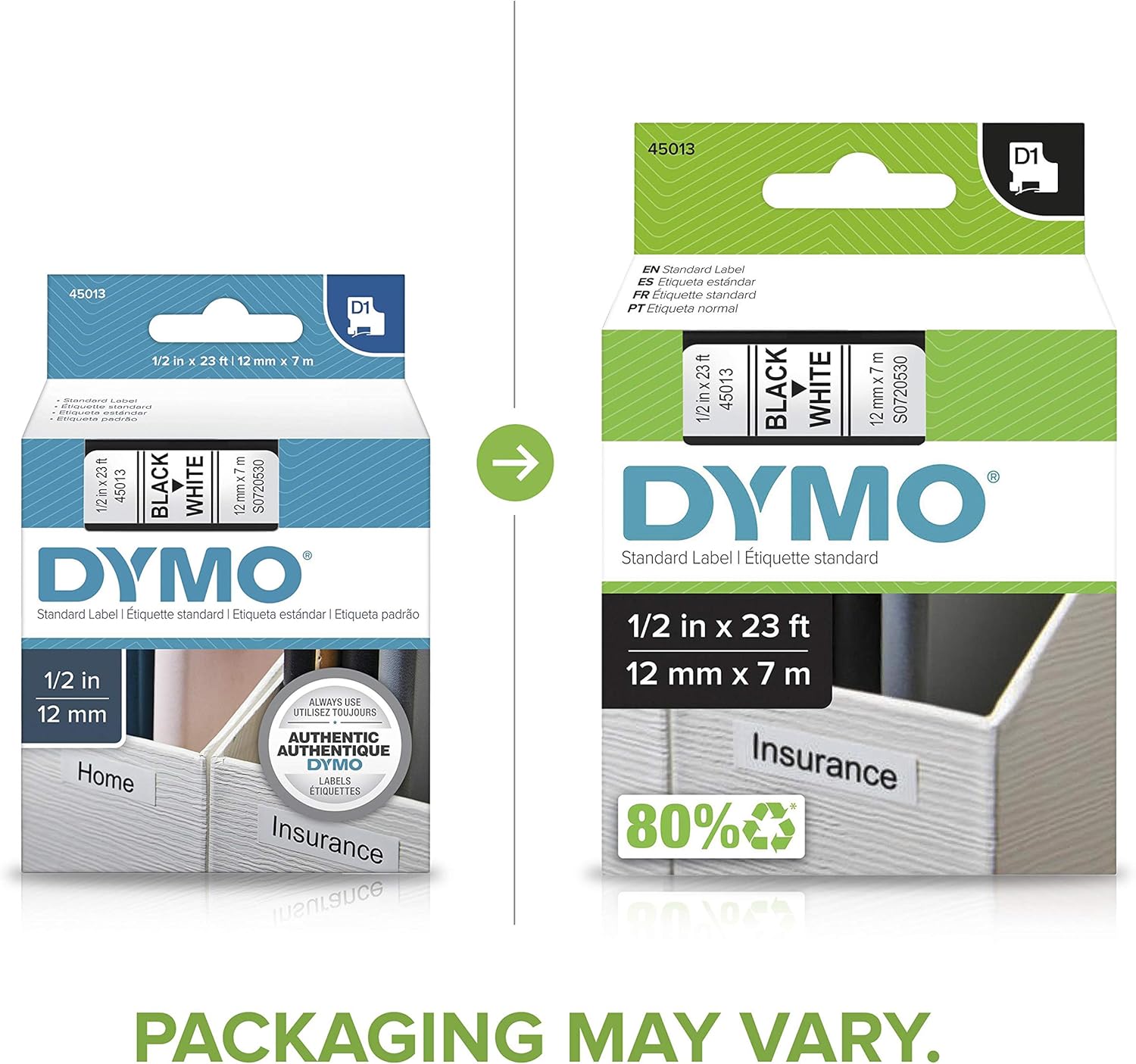 DYMO D1 Labels 1/2-Inch x 23-Foot Roll Black Print on White Self-Adhesive For LabelManager Label Makers 1 Pack