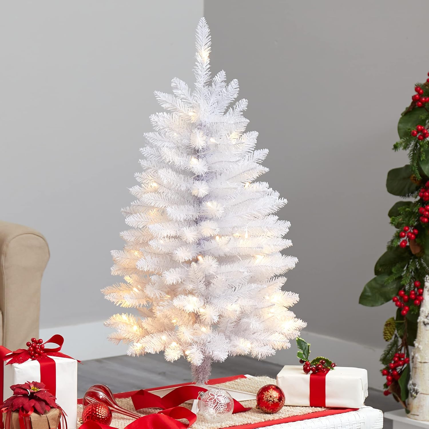 Nearly Natural 3ft. Slim White Artificial Christmas Tree with 50 Warm White LED Lights and 161 Bendable Branches