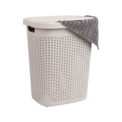 Mind Reader Slim Laundry Hamper with Lid, 50L Ventilated Plastic Wicker Basket