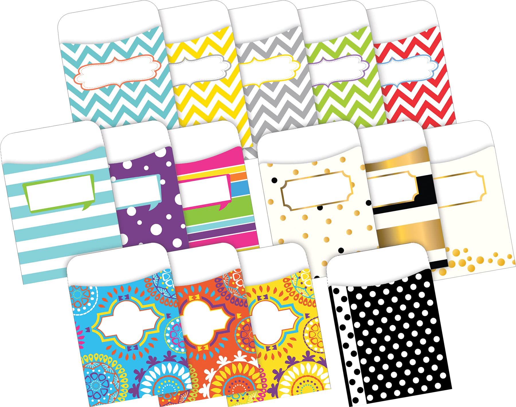 Barker Creek Peel & Stick Library Pockets, Curated Collection, 15 Designs, 3-1/2" x 5-1/8", 150 per Set (3533)