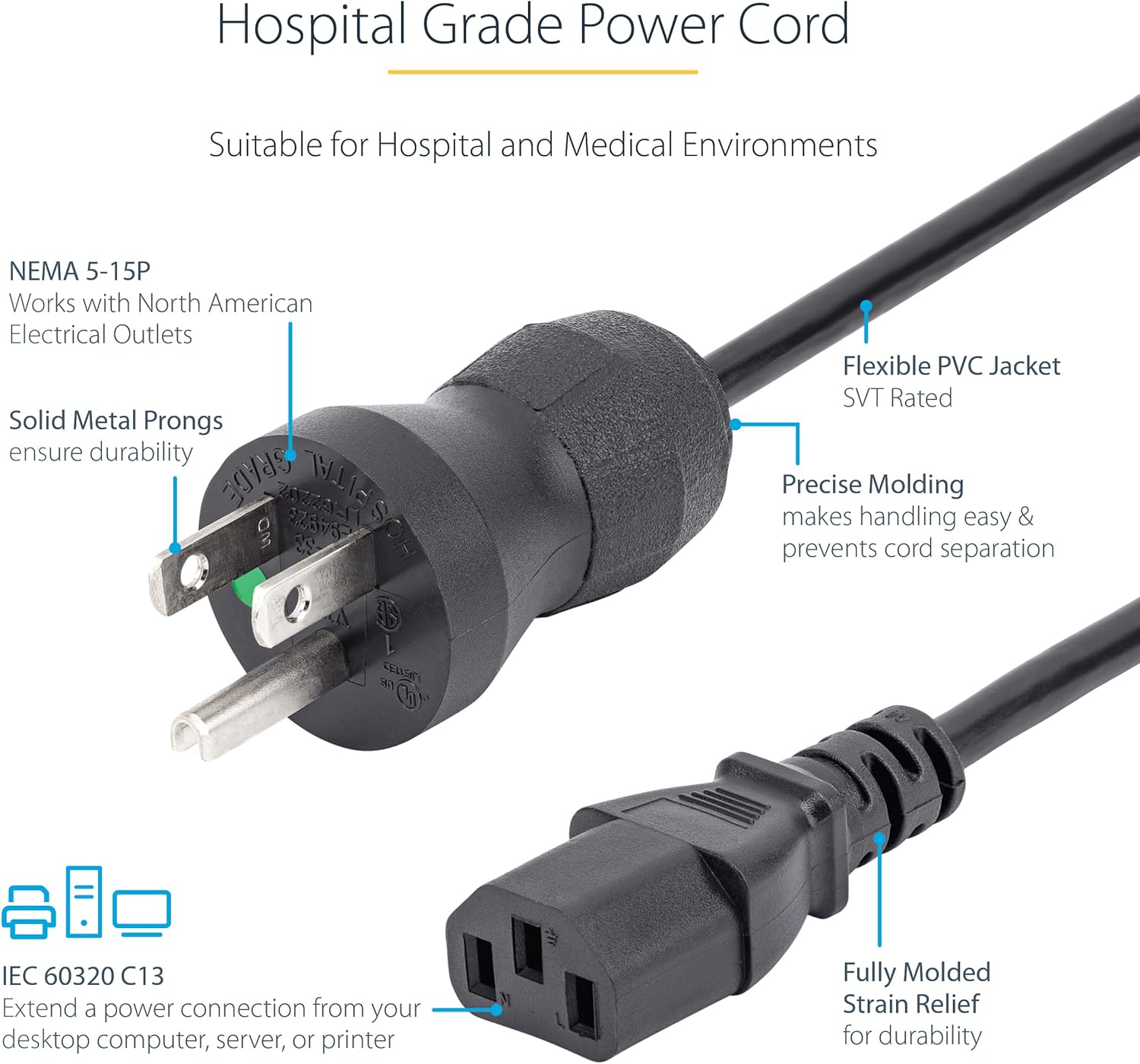 StarTech.com Green Dot Hospital-Grade Power Cords and Extension Cords (NEMA 5-15P to C13 / 5-15R)