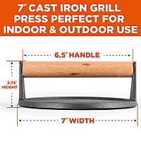 Commercial CHEF Pre-Seasoned Cast Iron Press with Easy Grip Wooden Handle, 7-Inch Surface with Grill Marks, Chef Press Round Grilling Accessory