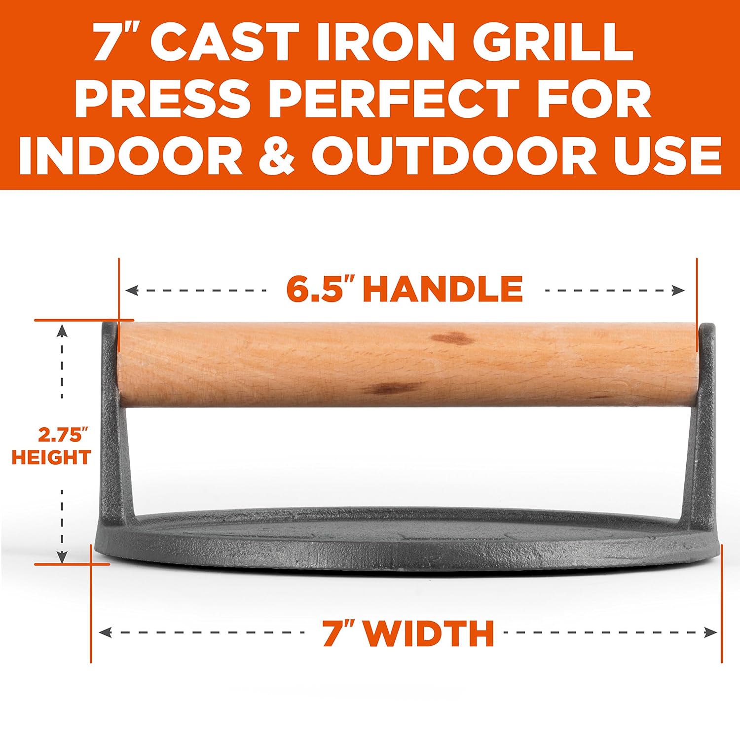 Commercial CHEF Pre-Seasoned Cast Iron Press with Easy Grip Wooden Handle, 7-Inch Surface with Grill Marks