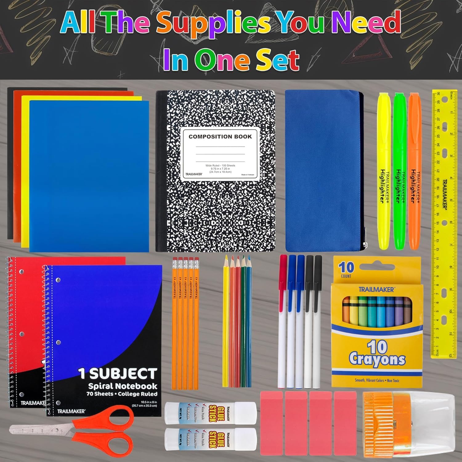 Trail maker 45 Piece School Supply Kit Grades K-12 - School Essentials Includes Folders Notebooks Pencils Pens and Much More!
