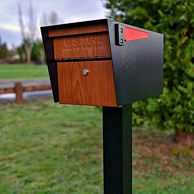 Mail Boss Curbside, Wood Grain 7510 Mail Manager Locking Security Mailbox, Steel, Black Black Mailbox