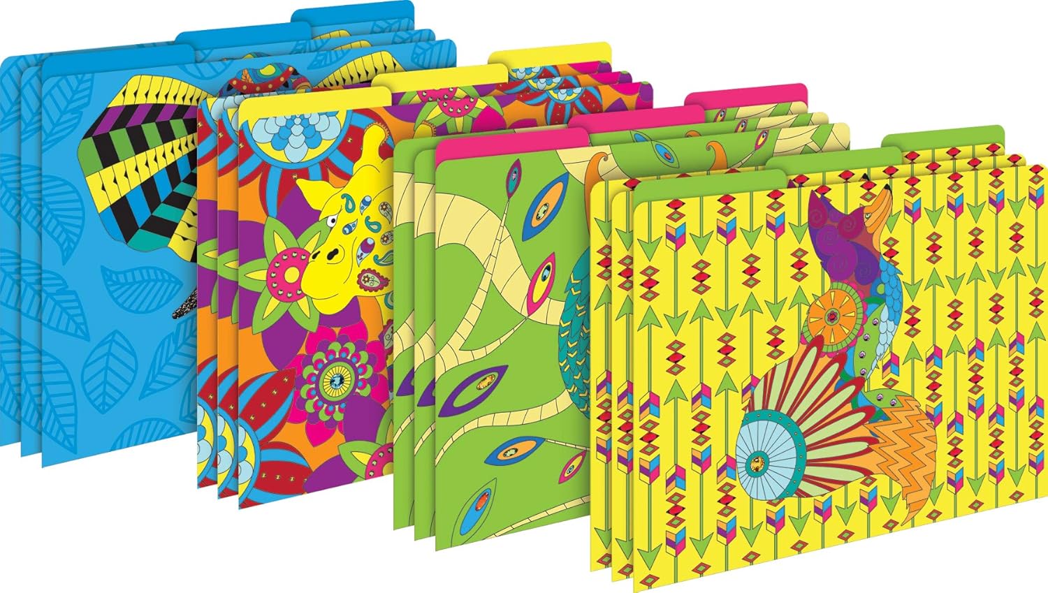 BARKER CREEK Designer File Folders Set of 12, Boho Animals, Multi-Design, Bohemian on Outside, Solid Colors on Inside