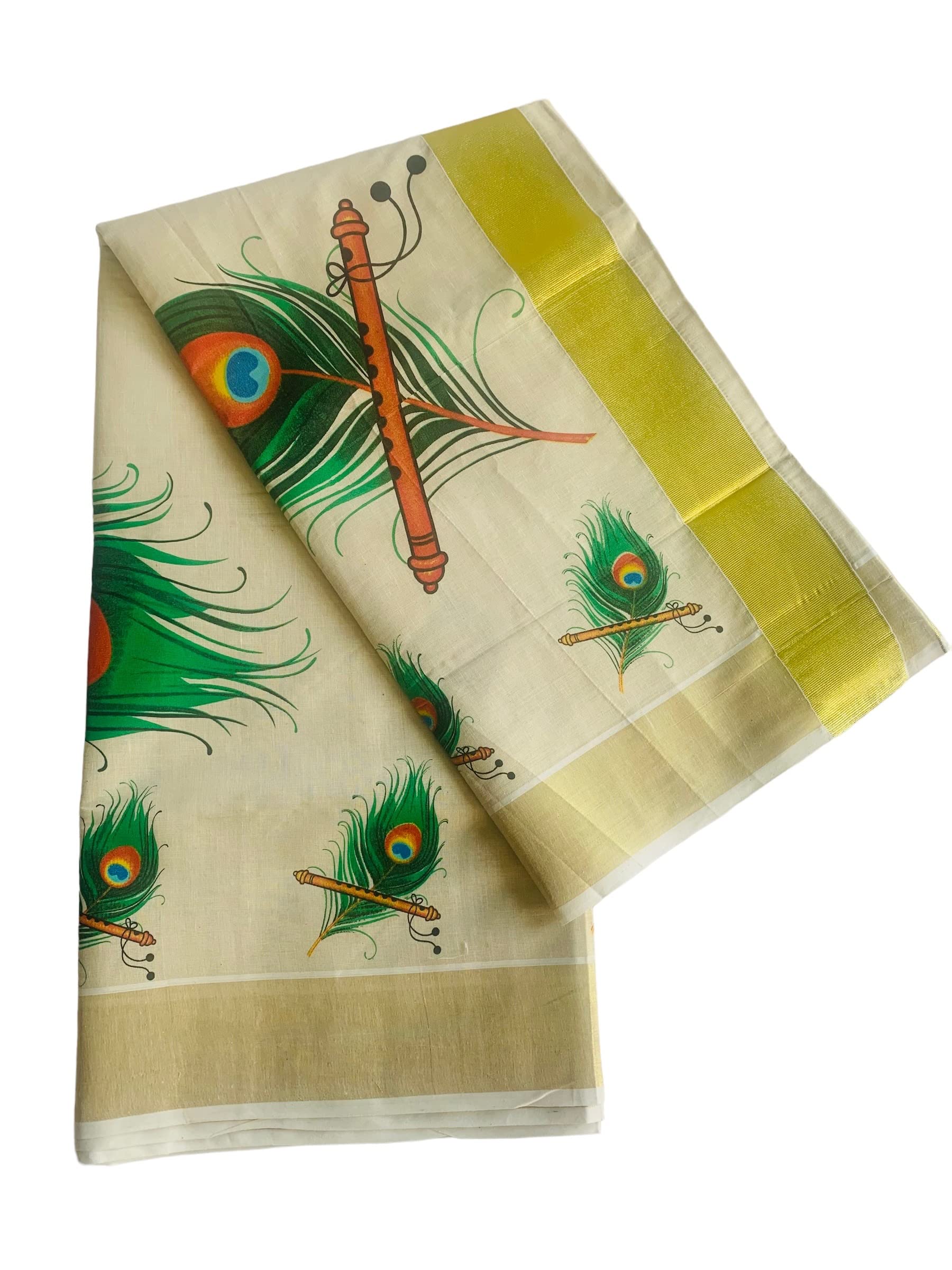 Kuthampully Kerala Kasavu Saree Tissue Mural Painted | Traditional South Indian Saree | Onam Saree - Multi Color BOM-756