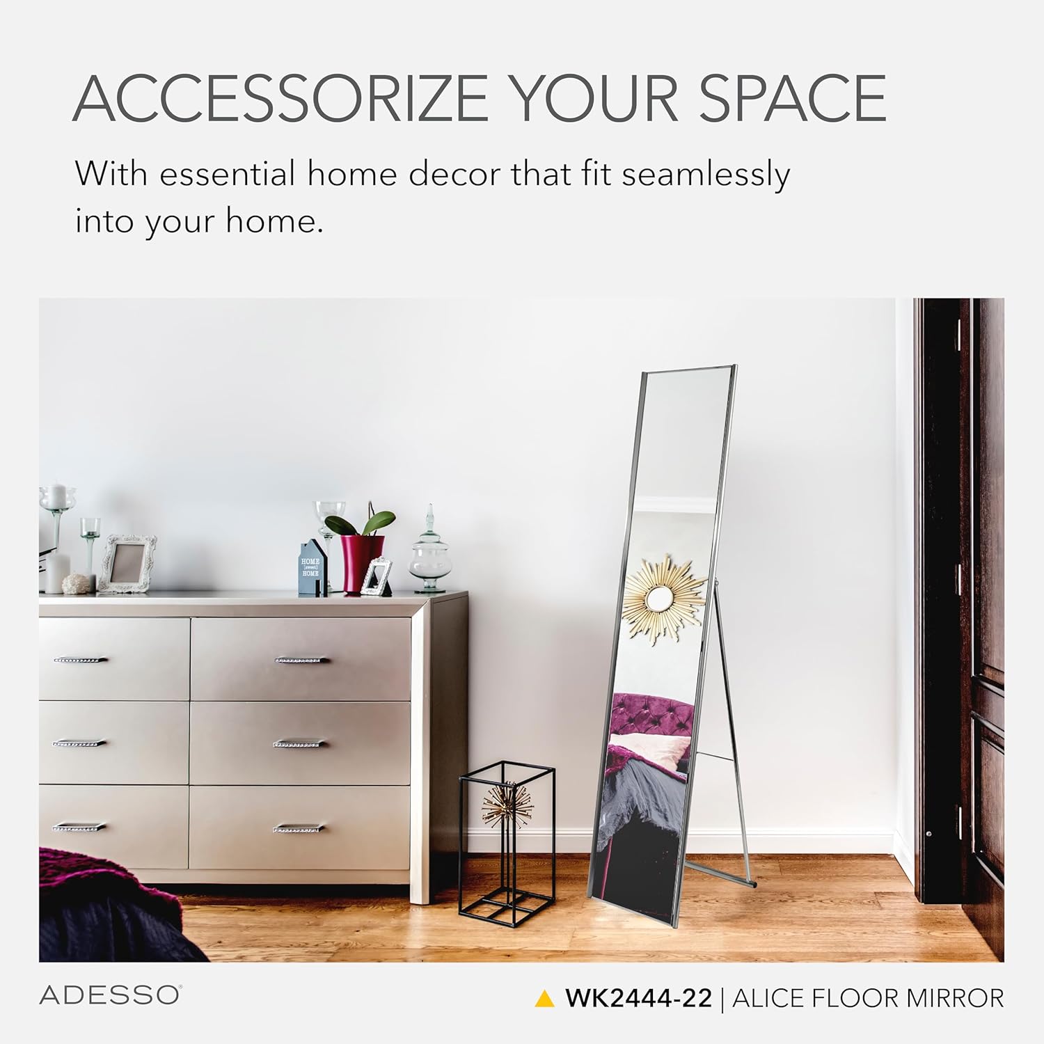 Adesso Alice Floor Mirror, Freestanding, Full Length Mirror with Foldable Kickstand, Lightweight, Brushed Steel Frame